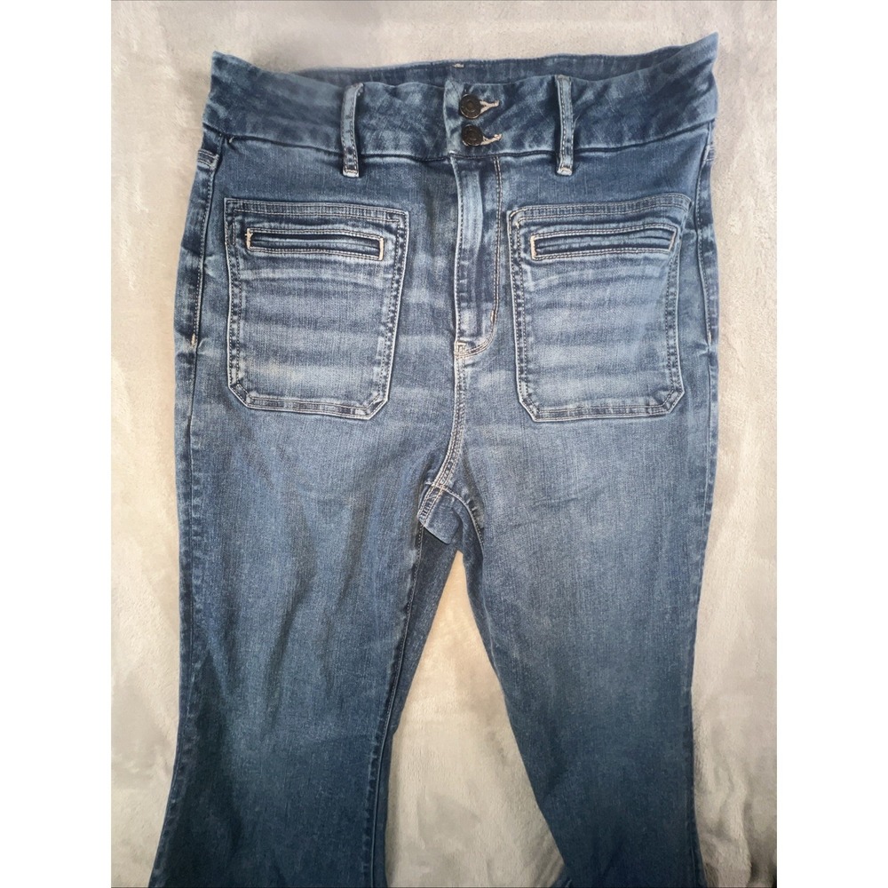 American Eagle Curvy Super Hi Rise Flare Jeans Womens 10 30x28 Blue Patch Pocket